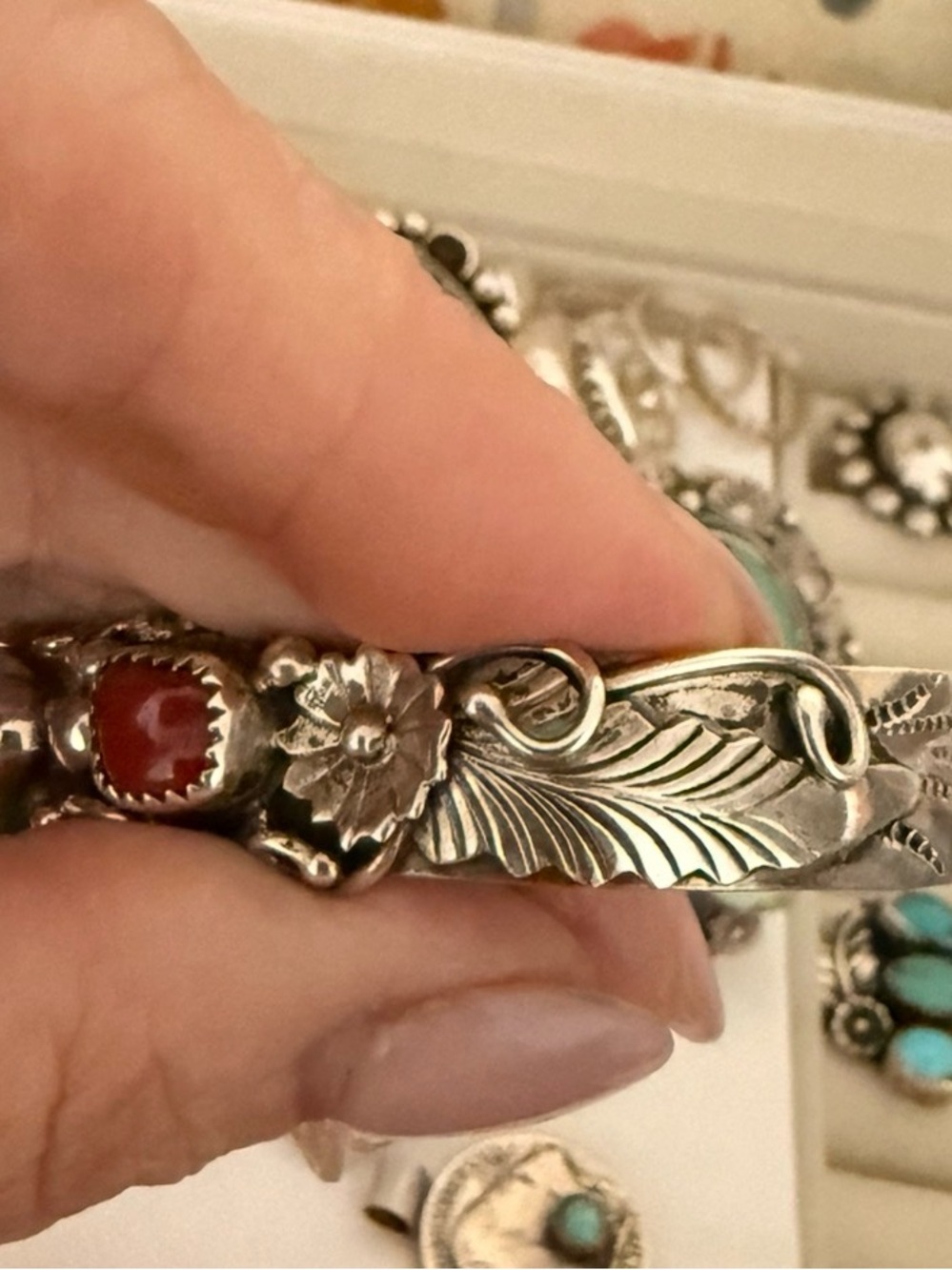 Native Sterling Silver genuine Turquoise and Coral Floral Bracelet/ cuff - Picture 2 of 4